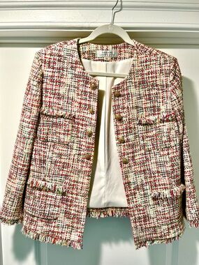 Tahari ASL Multicolor Tweed Fringe Jacket - Pink, White, Green